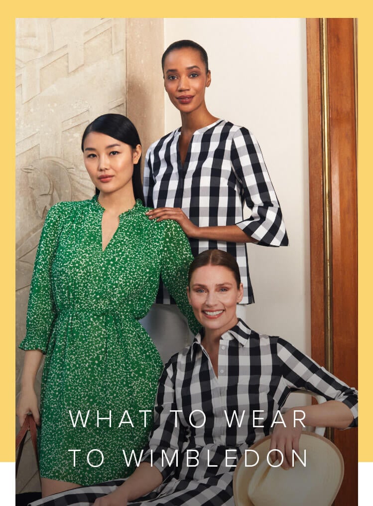 A group of Hobbs models pose wearing a gingham dress, green dress and gingham top.