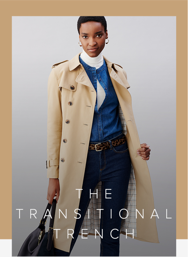 Hobbs beige trench coat for women layered over a denim shirt, white turtleneck top, blue denim jeans, leopard print belt and a black leather bag.