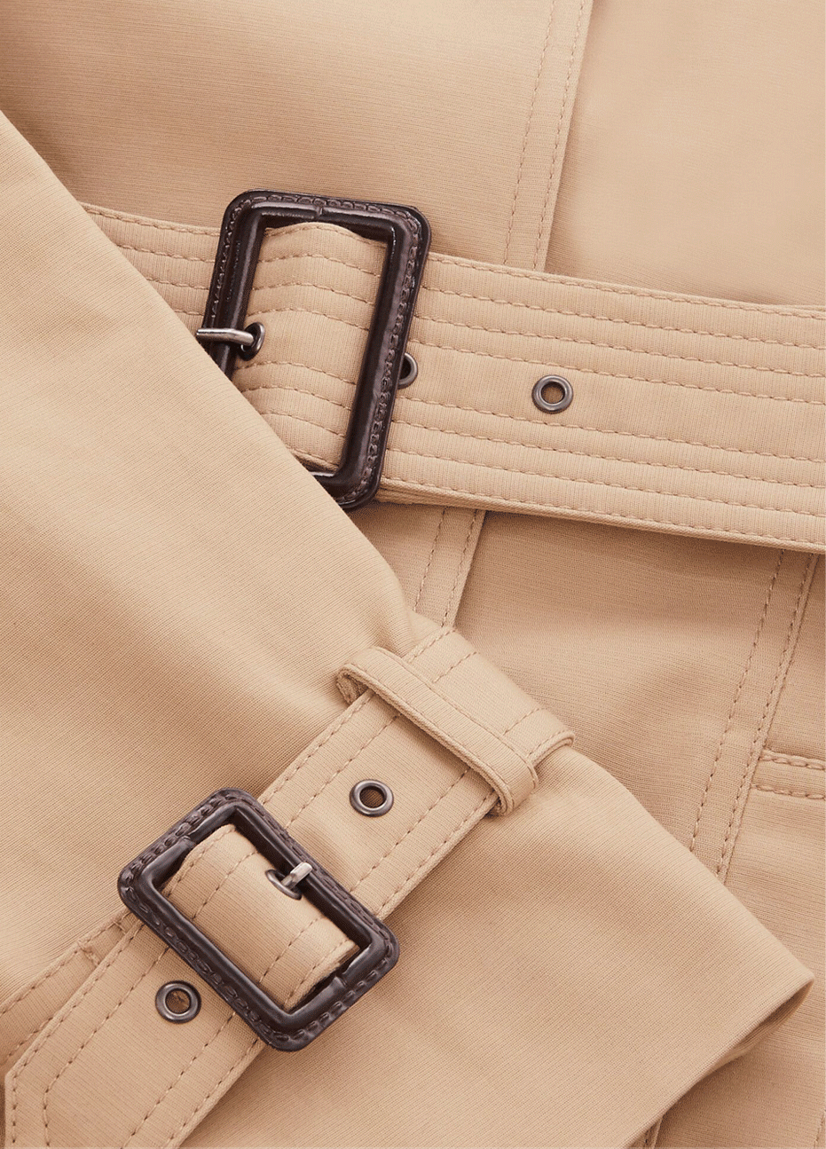 Close up of a beige trench coat from Hobbs.