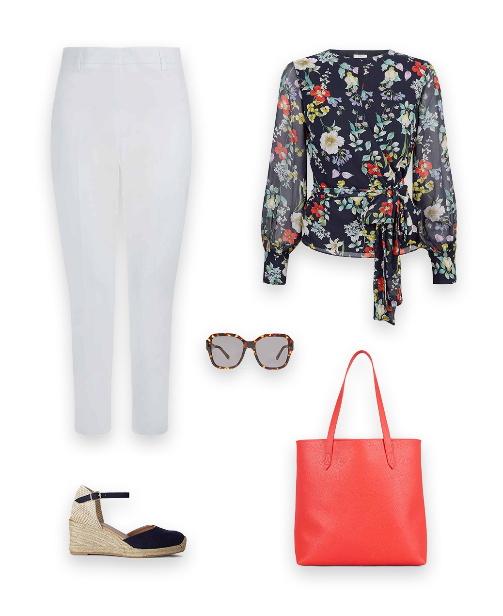 Staycation Look with the meadow blouse, ith white tailored trousers, navy blue leather espadrilles and red leather tote bag and sunglasses. 