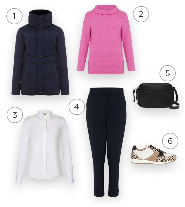 Collage of a navy puffer jacket, pink jumper, navy joggers, white shirt, leopard print trainers and a black bag that together create an outfit.