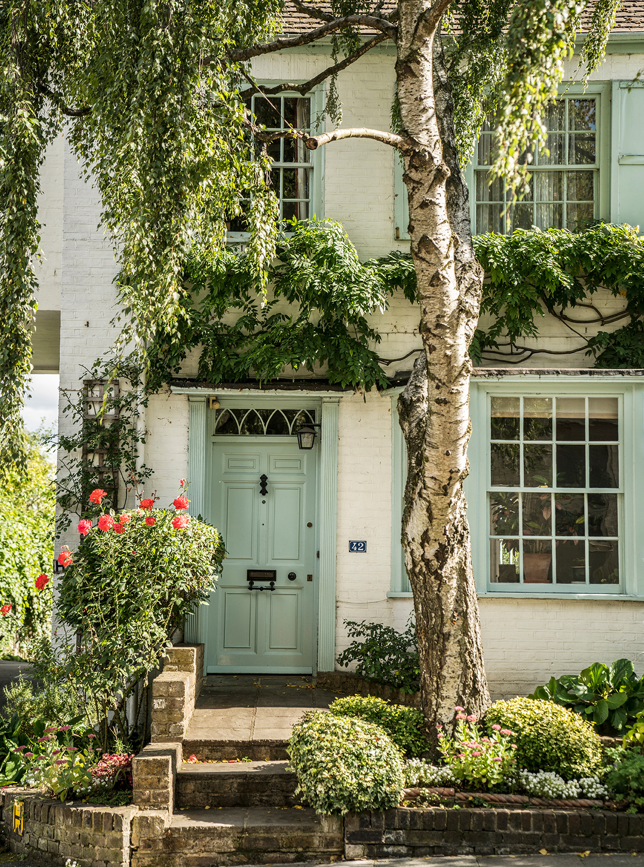 A serene pale grey green door with a picturesque pink flowers and green foliage surrounding it. 