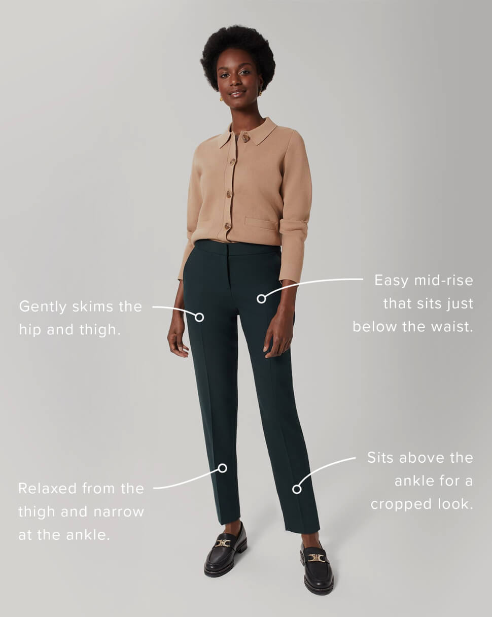 Annotated photo of a model explaining how tapered trousers fit.