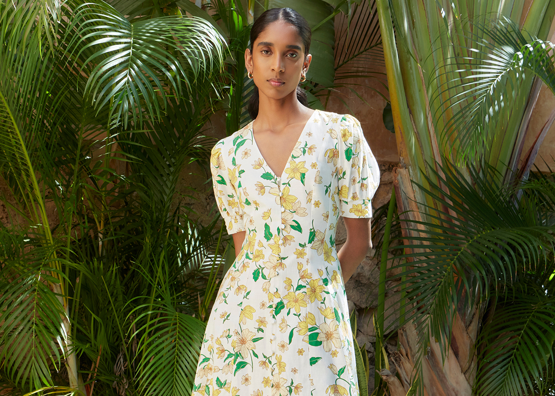 Model photographed in a floral dress.