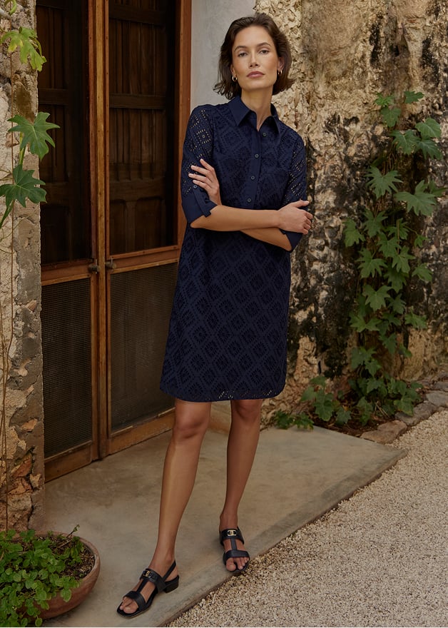Model wearing Hobbs Navy Dress