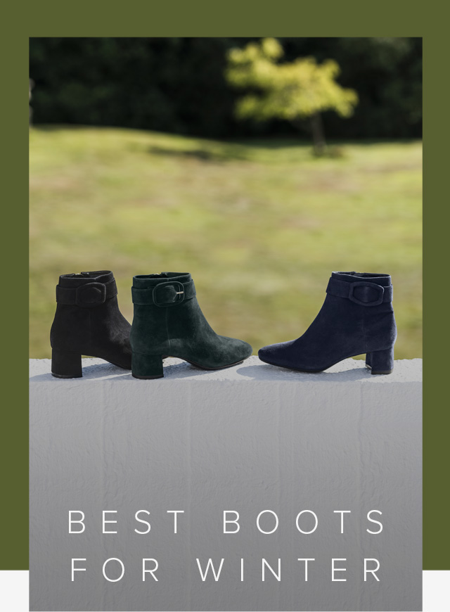 Women’s ankle boots from Hobbs, from left to right: Black, green and blue.