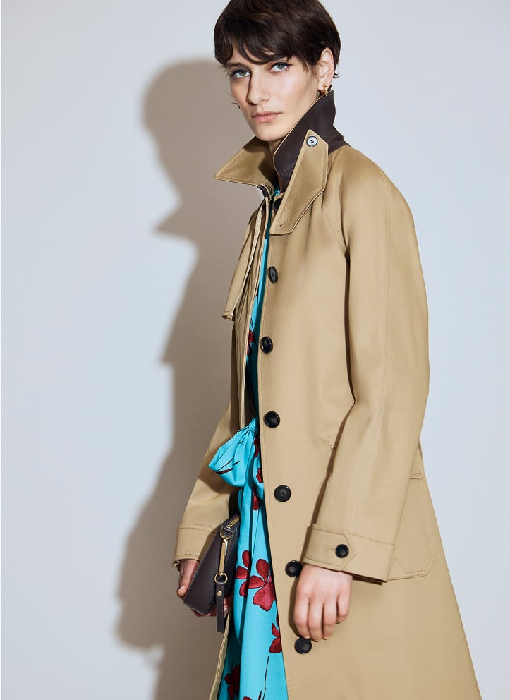 Model photographed in trench coat.