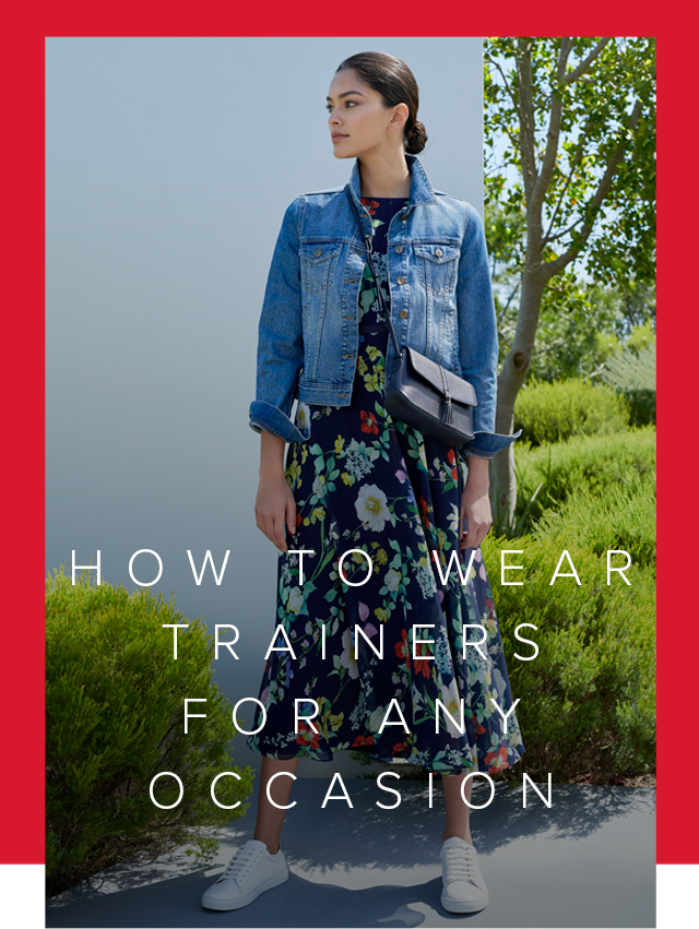 Blue denim jacket worn with a midi floral dress, white trainers and blue leather crossbody bag by Hobbs.