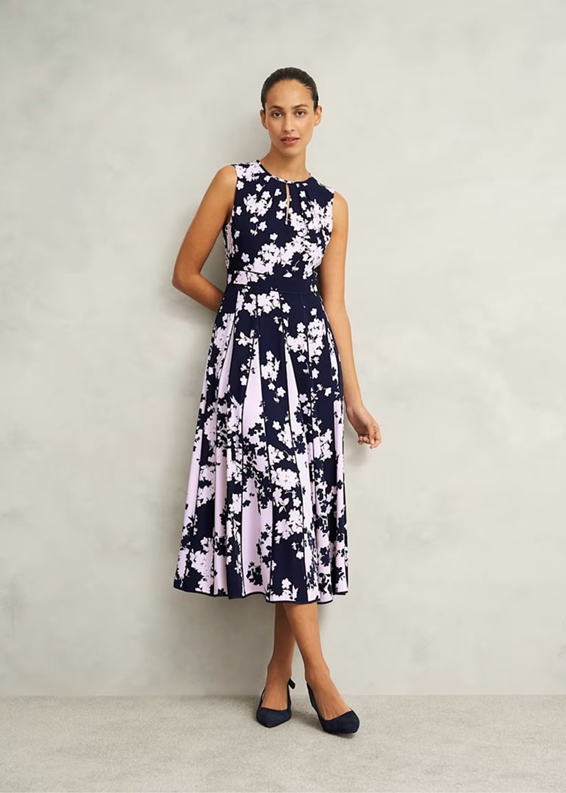 A collage of four images of models wearing floral occasion dresses from Hobbs.