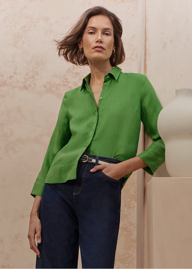 Model wearing Hobbs Linen Shirt
