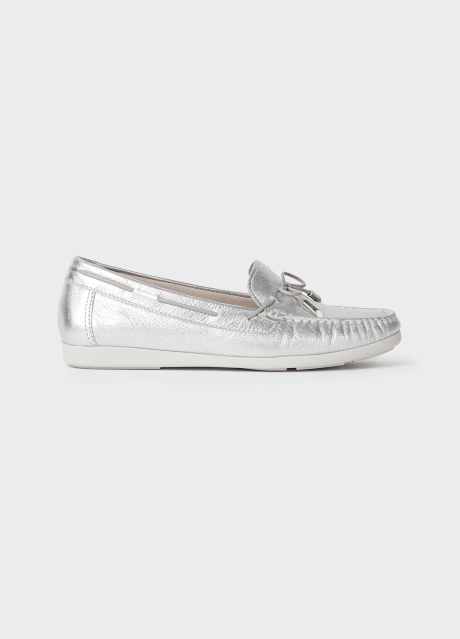 Silver moccasin flat shoe from Hobbs.