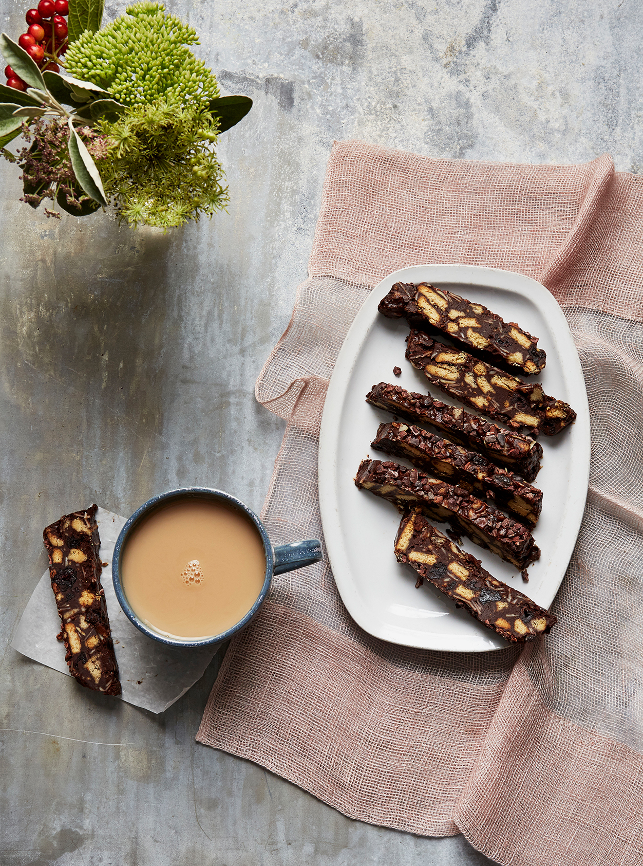Perfect for autumn, a cherry, almond and dark chocolate tiffin 'fridge cake'.