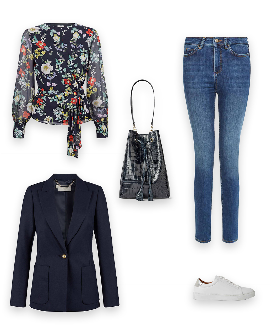 The Hobbs Everyday Casual Look, styling a the meadow blouse, a navy blue floral print wrap blouse with a dark denim slim jeans, a navy blazer with white leather trainer and navy leather bucket handbag