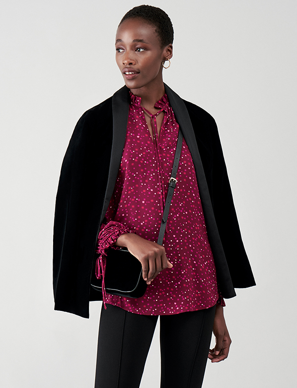 Black Velvet Jacket Over Red Spot Blouse