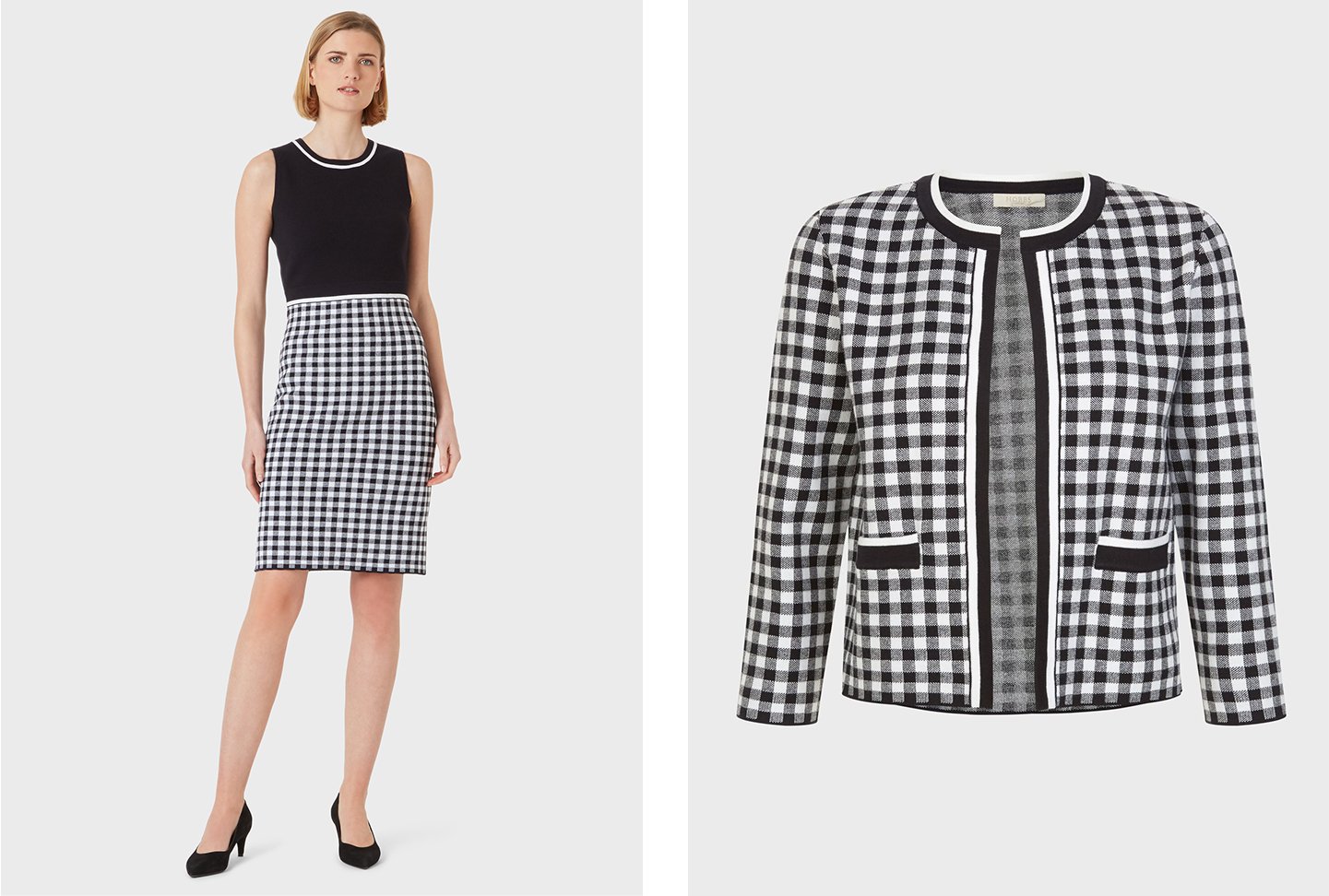 The left shows a sleeveless knitted dress with a gingham print skirt detail in black and white worn with black court shoes, pair with a matching gingham cardigan such as the one shown on the right image to coordinate the look. All from Hobbs.