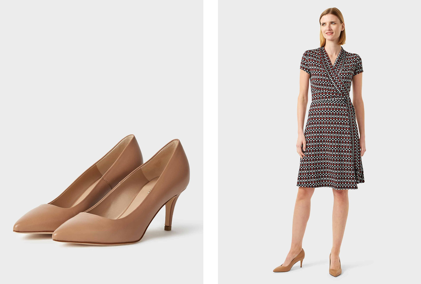 Image on the right shows a smart wrap dress paired with mid heeled nude court shoes, with a close up image of the court shoes on the left, by Hobbs.