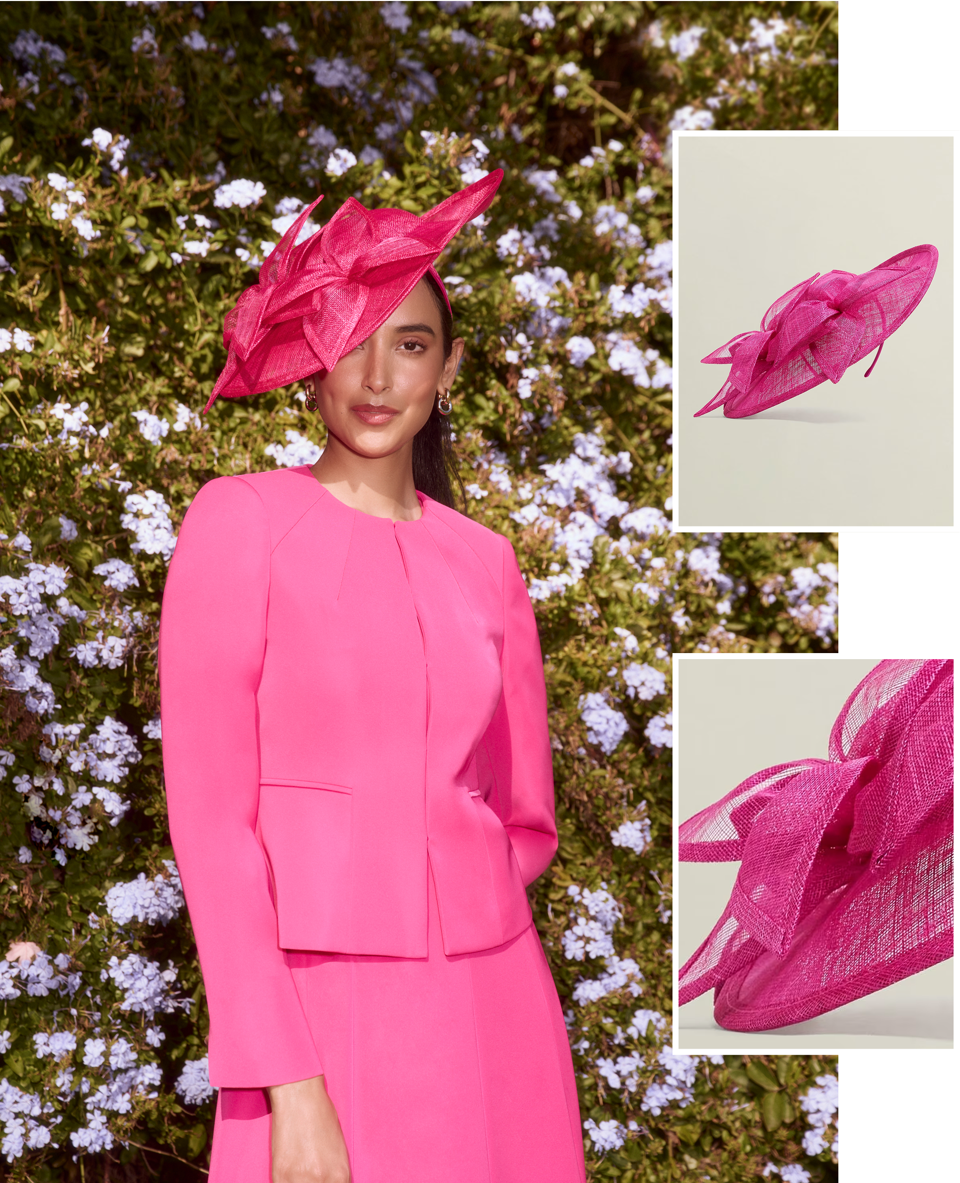 A collage of three images showcasing a Hobbs pink floral fascinator.