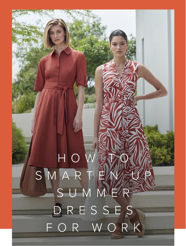The left outfit shows a midi-length shirt dress in rust orange paired with a brown women’s bag and black sandals. The right outfit shows a sleeveless midi dress in a zebra print in red and white with a waist-tie detail paired with a white tote bag and brown espadrille wedges, all from Hobbs.