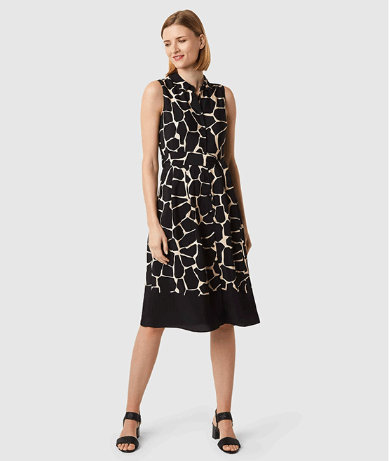 The left shows a sleeveless shirt dress with a giraffe print worn with heeled sandals by Hobbs, pair the outfit with a women’s blazer such as the one shown on the right to smarten up the look.