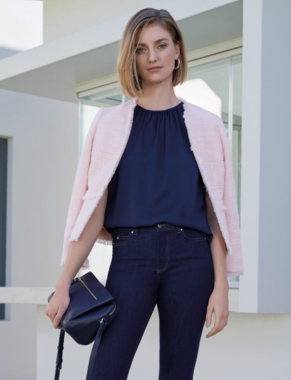 Pink Jacket over Navy top adn trouser outfit