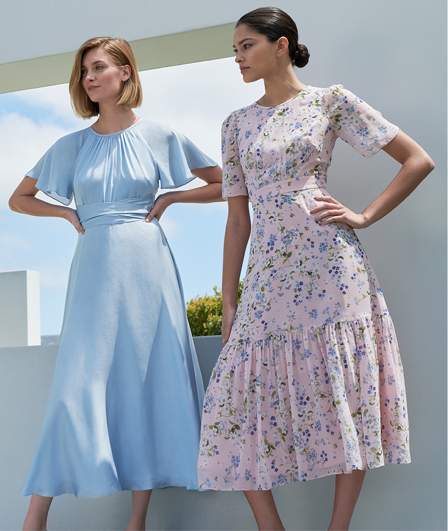 Satin fit and flare dress in pale blue and a pink midi length dress with floral details by Hobbs.