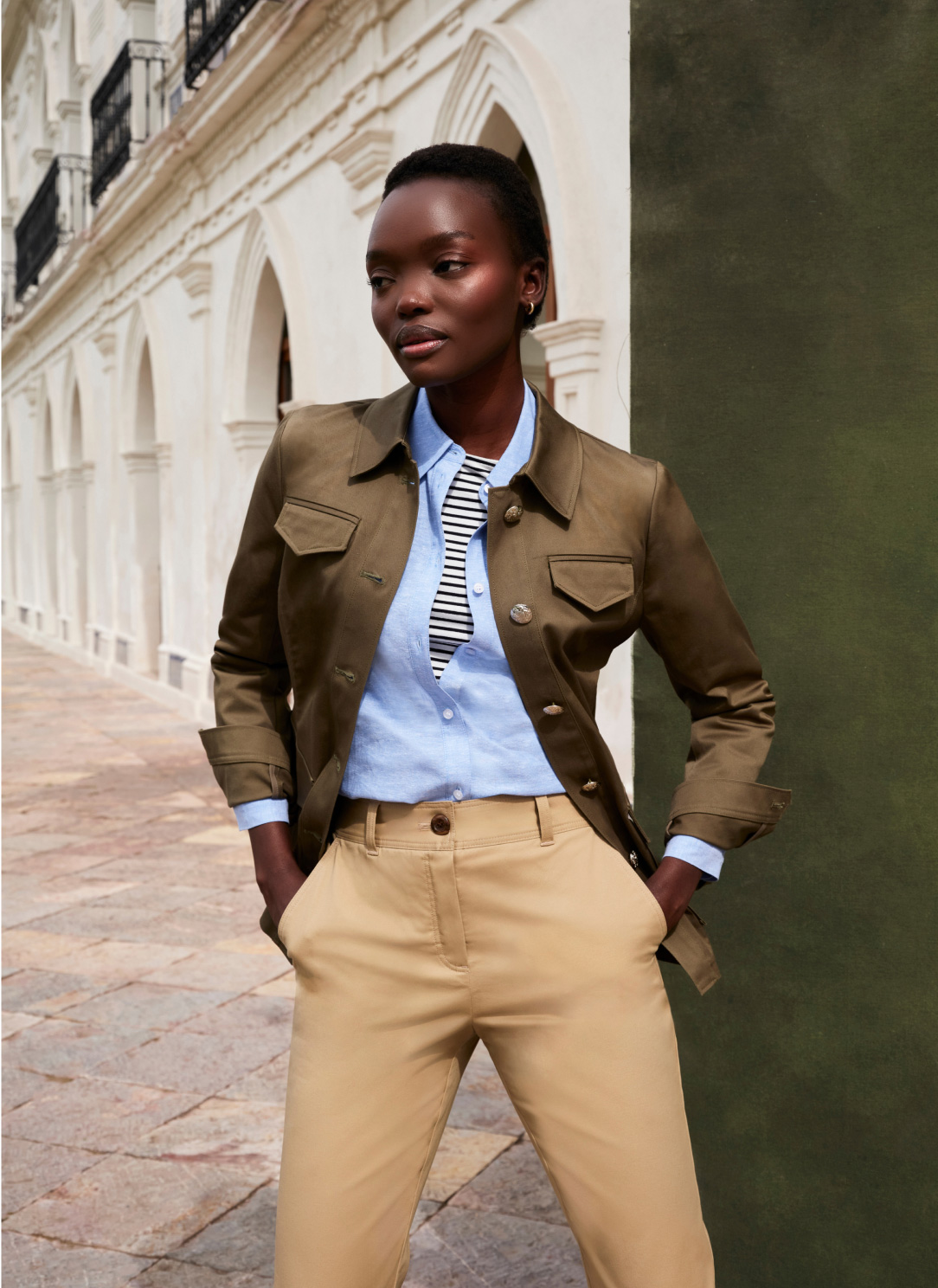 MODEL WEARING HOBBS KHAKI MILITARY JACKET