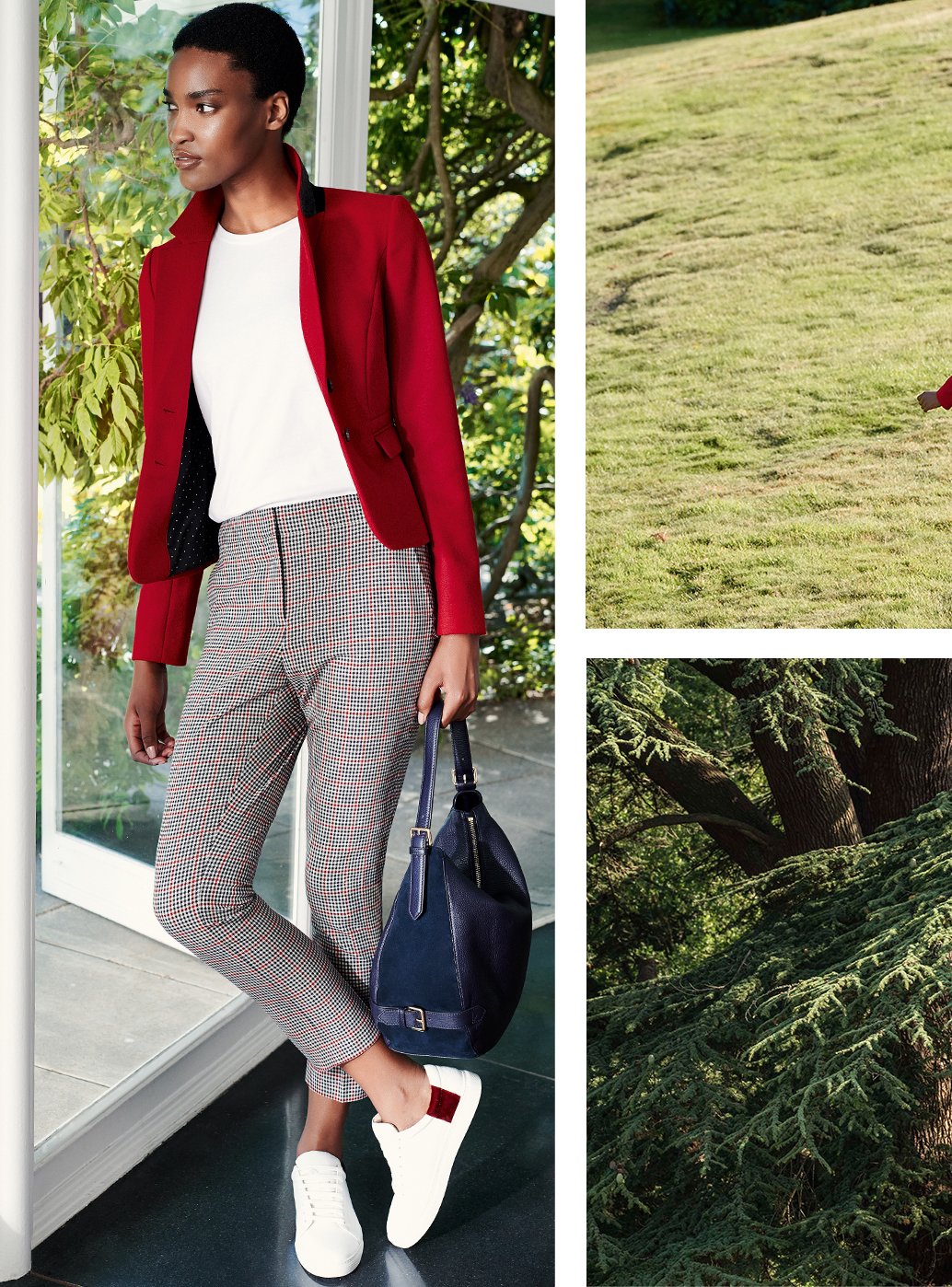 Model wears a bright red wool jacket, tailored trousers, white leather trainers with a blue leather bag