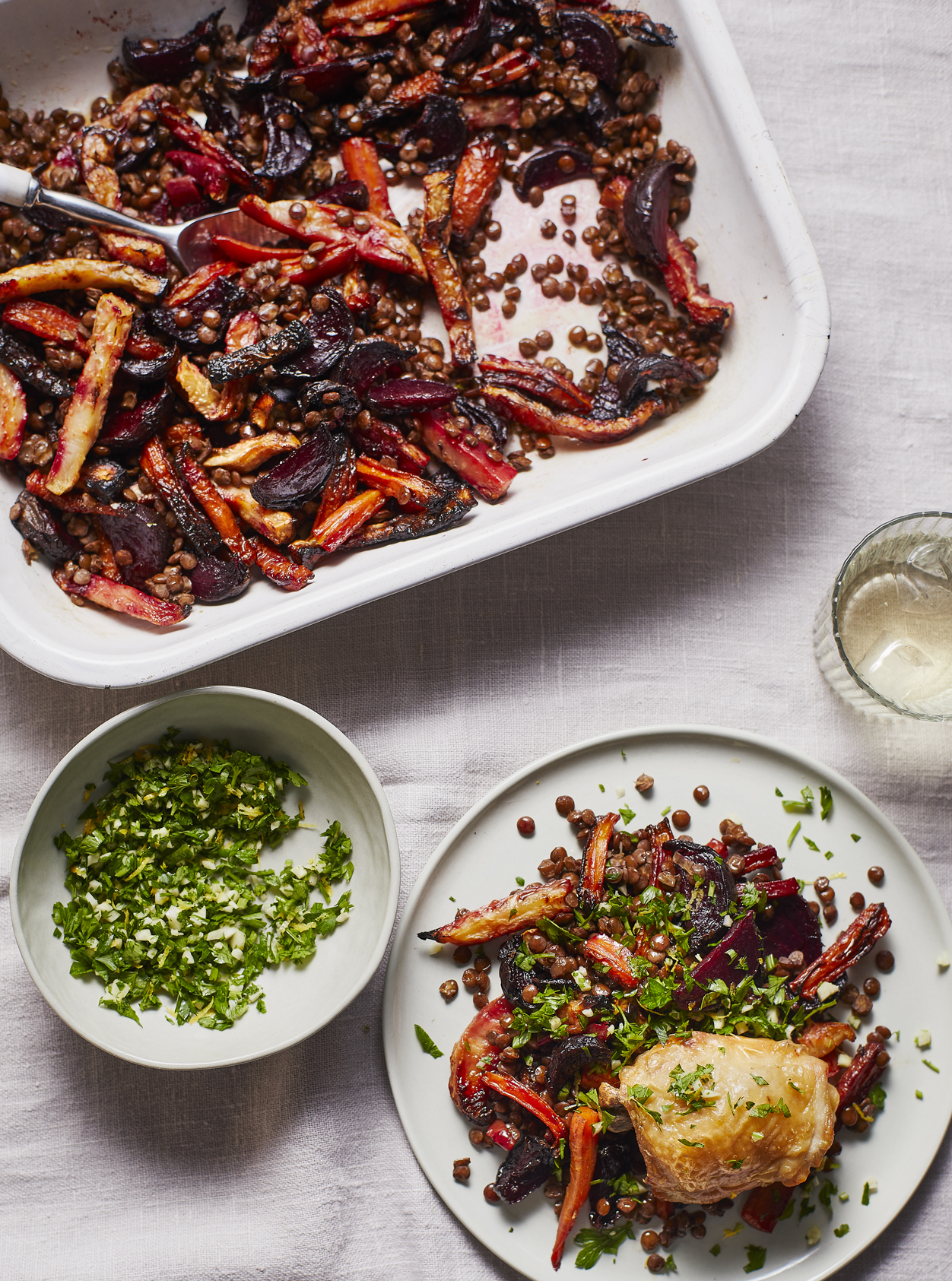 ROAST CHICKEN AND ROOTS WITH PERSILLADE