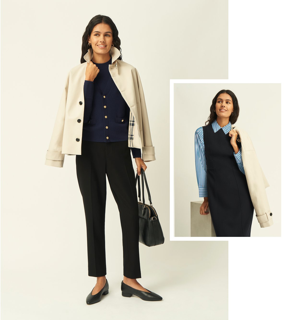 A girl wearing two different smart sixth form outfits.