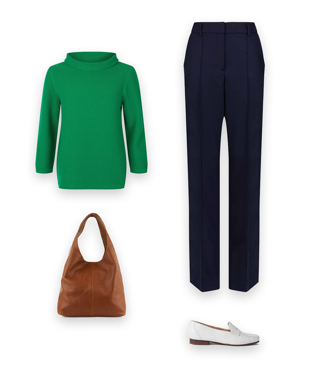 Laidback style is easy with  a pair of navy tailored trousers, a knit, the perfect loafers and a great classic brown bag