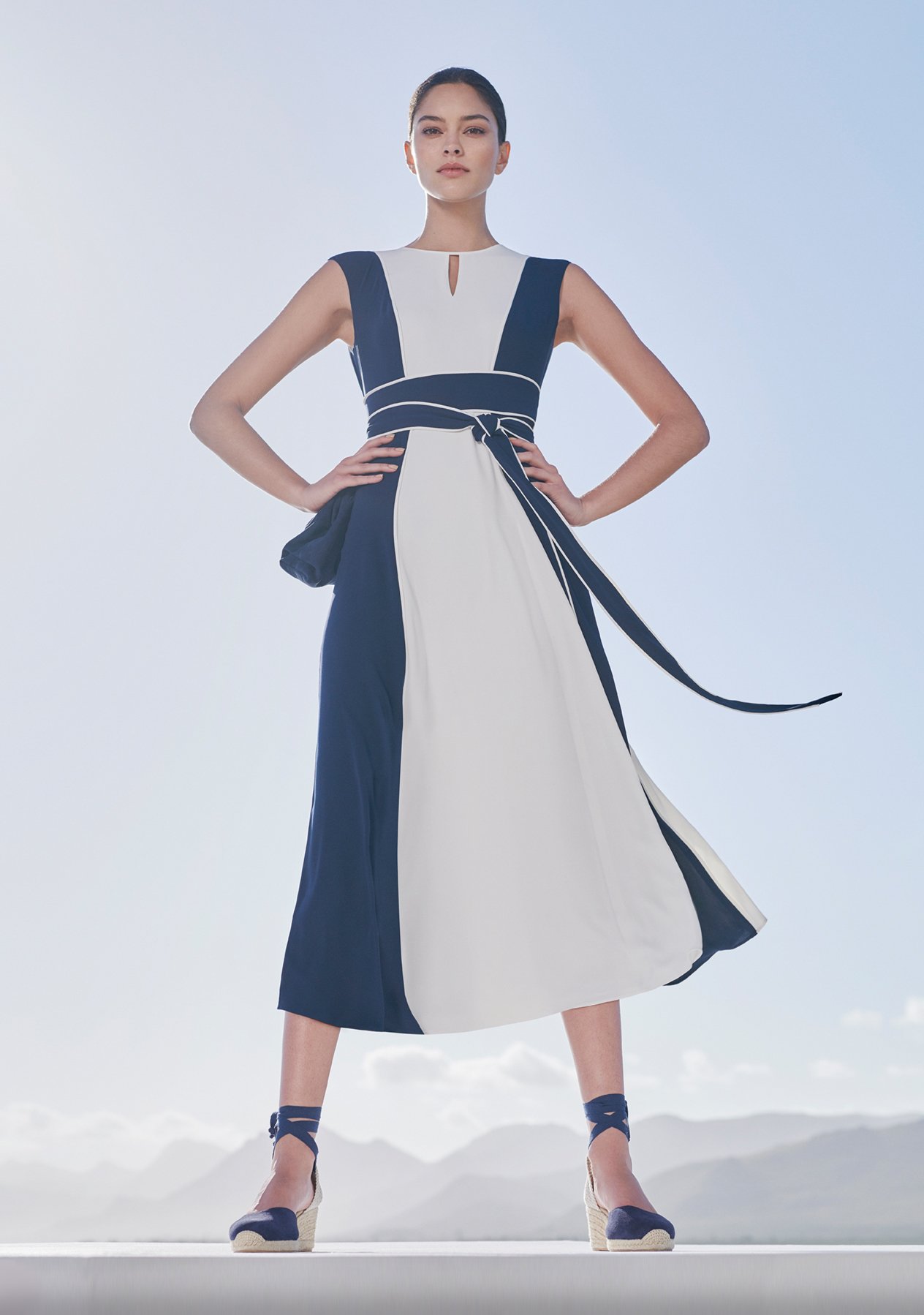 Colourblock fit and flare dress in navy and white paired with navy espadrilles by Hobbs.