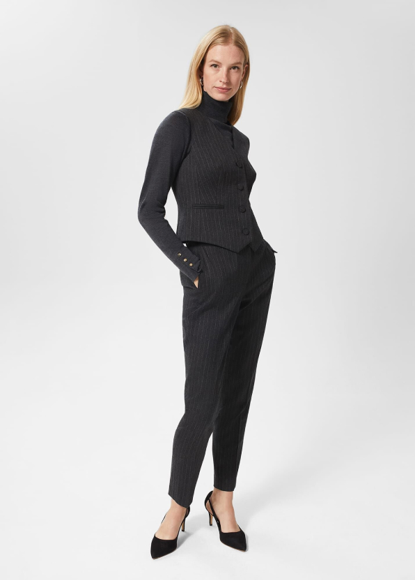 Gallery of three models wearing Hobbs tailored wool trousers.