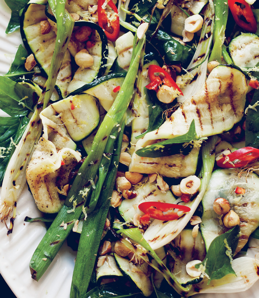 Sarah Britton's Grilled Courgette with Spring Onion and Hazelnut styled on a plate