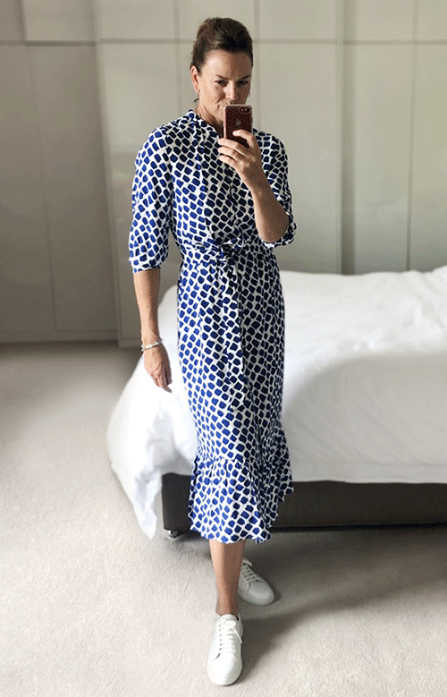 Sally shows us how to style a blue and white shirt dress whether staying in or socialising. 