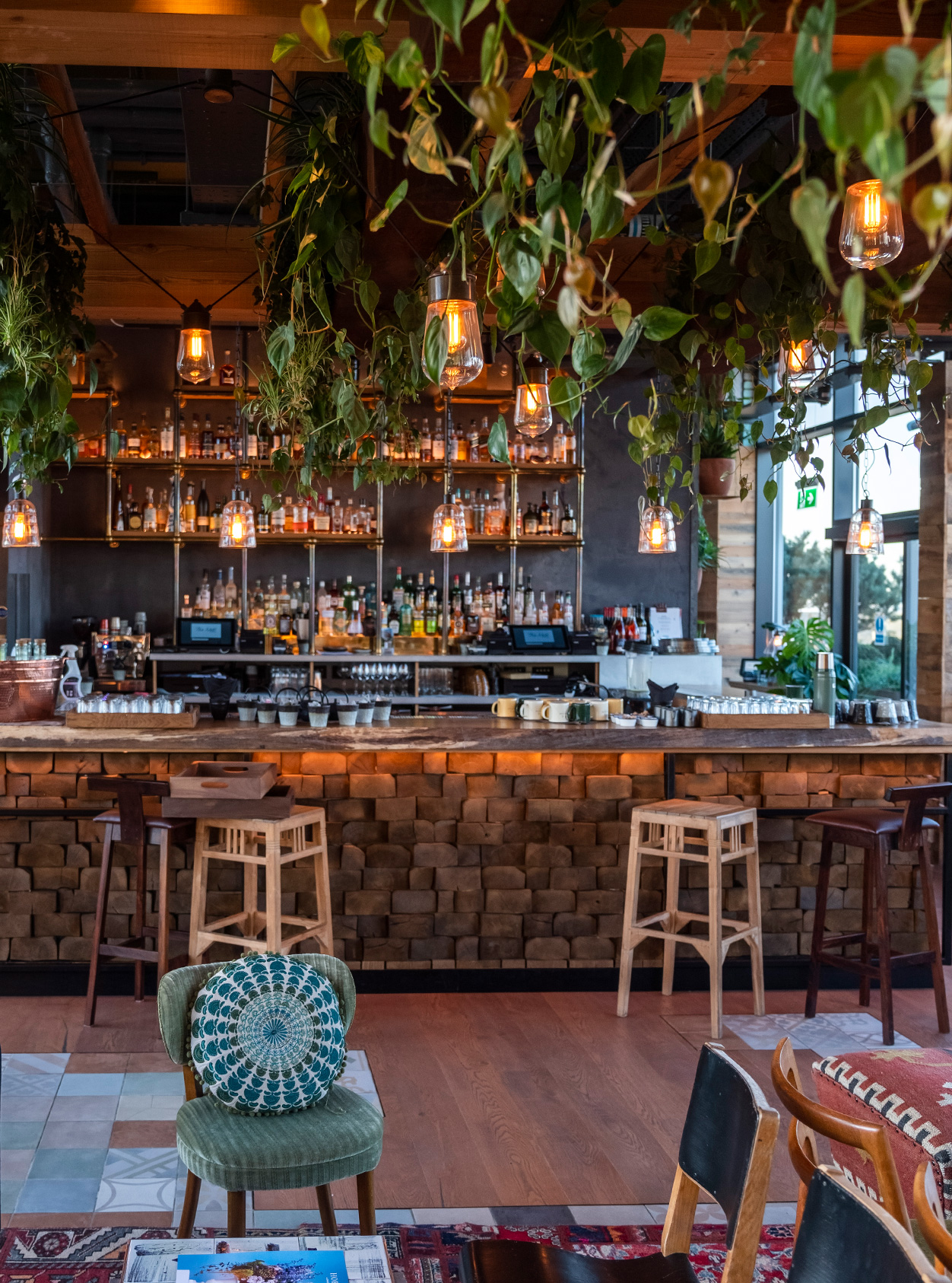 An ecclectically decorated restaurant interior.