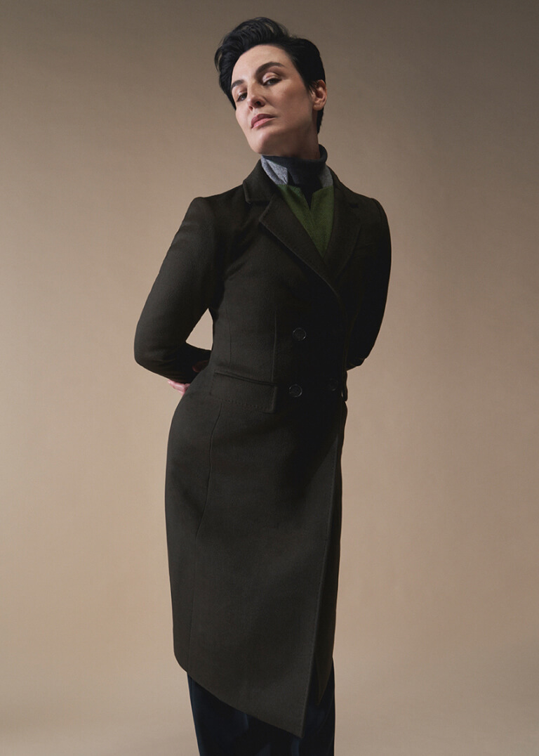 Model Erin O'Connor photographed wearing a Hobbs tailored double breasted wool coat.