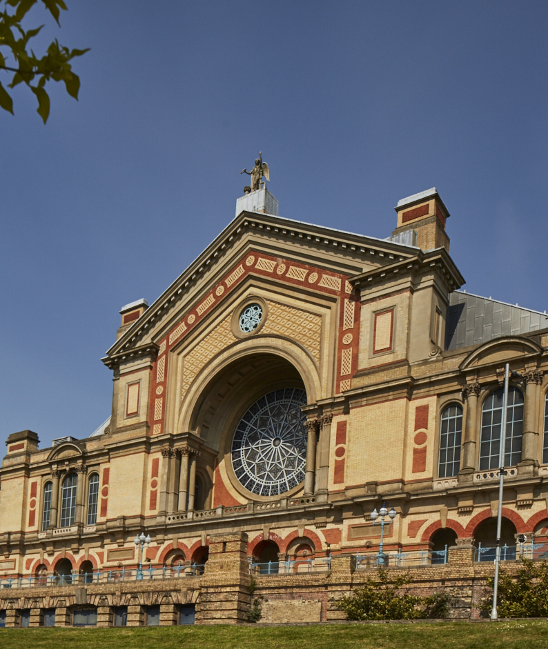 The iconic frontage of london's alexandra palace