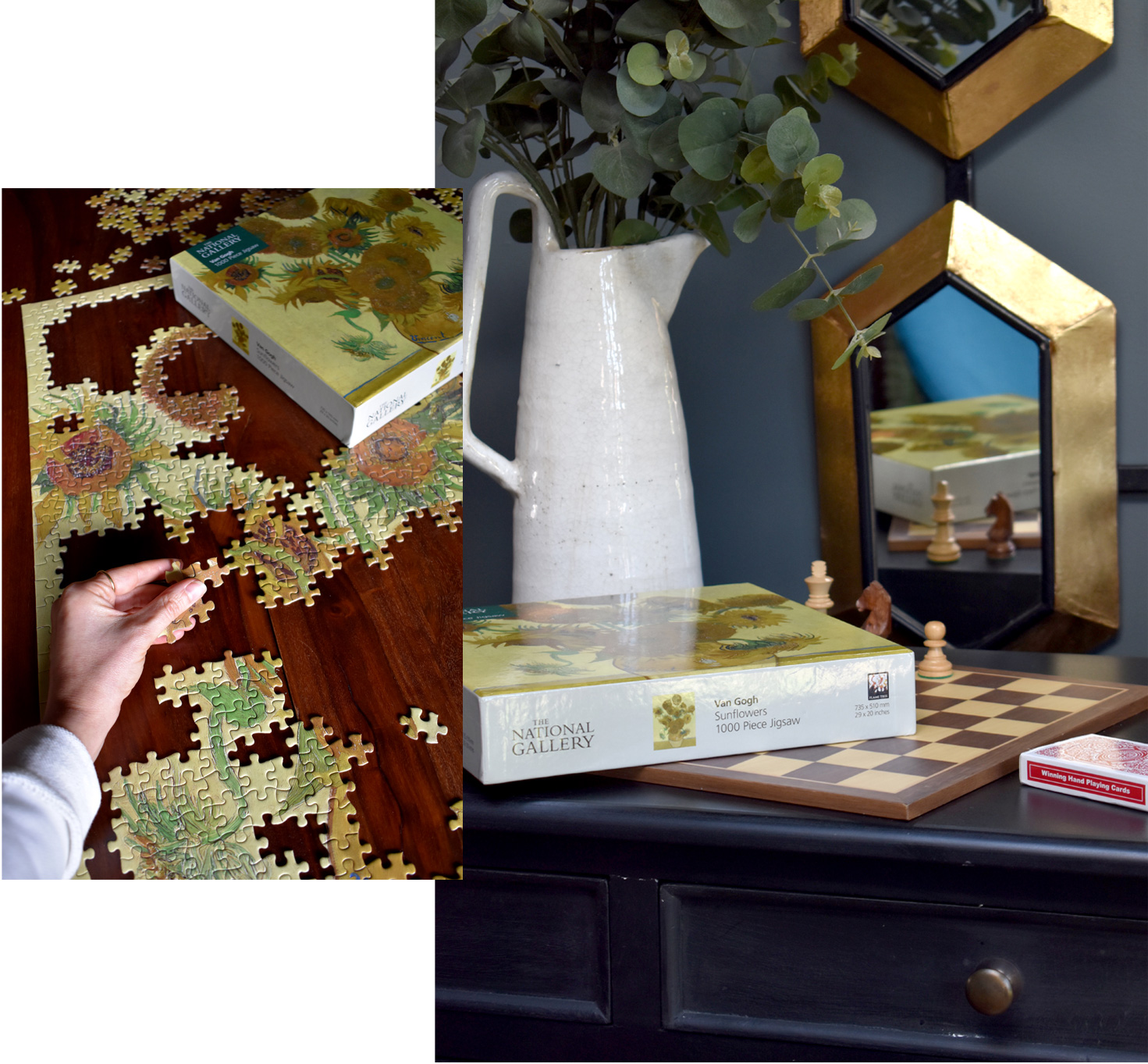 On the left, Jen works to complete her jigsaw. On the right is  an interior shot of Jen's home.