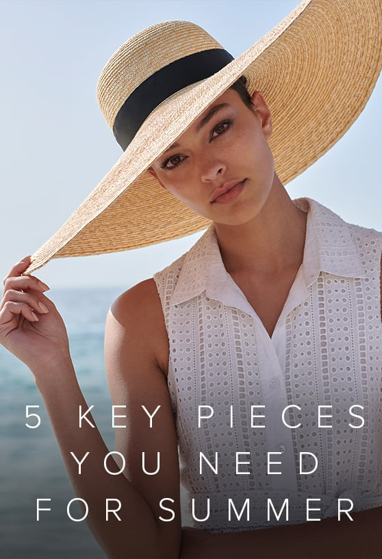 Key pieces needed for summer, include a wide brimmed straw hat with a black band with a white  cotton sundress 