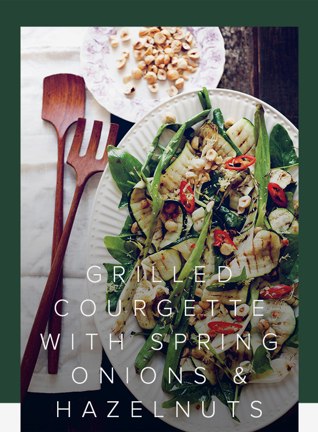 Sarah Britton's Grilled Courgette with Spring Onion and Hazelnut styled on a plate