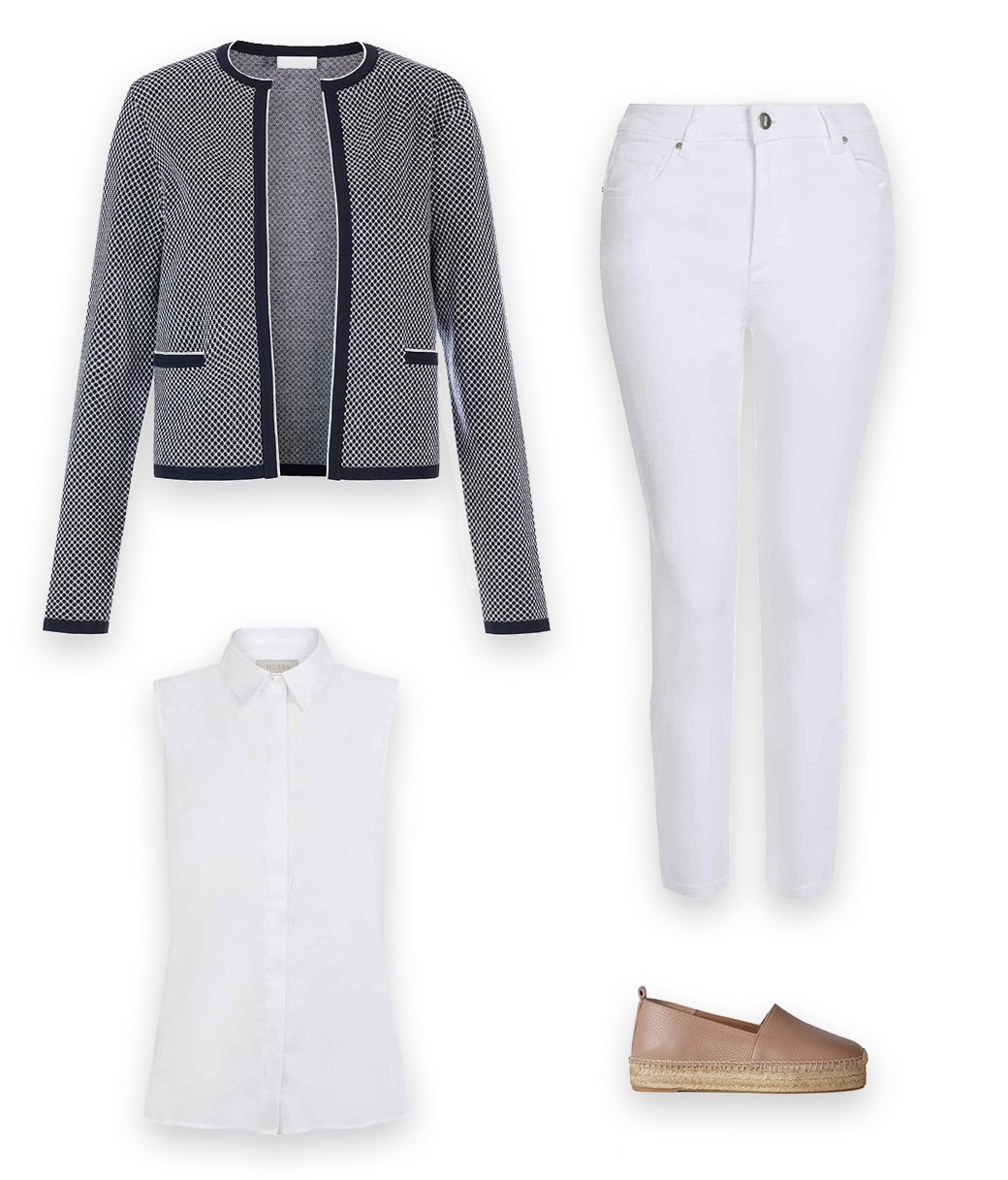 A chic cardigan outfit with a navy blue cardigan, sleeveless white shirt, white jeans and flat espadrilles