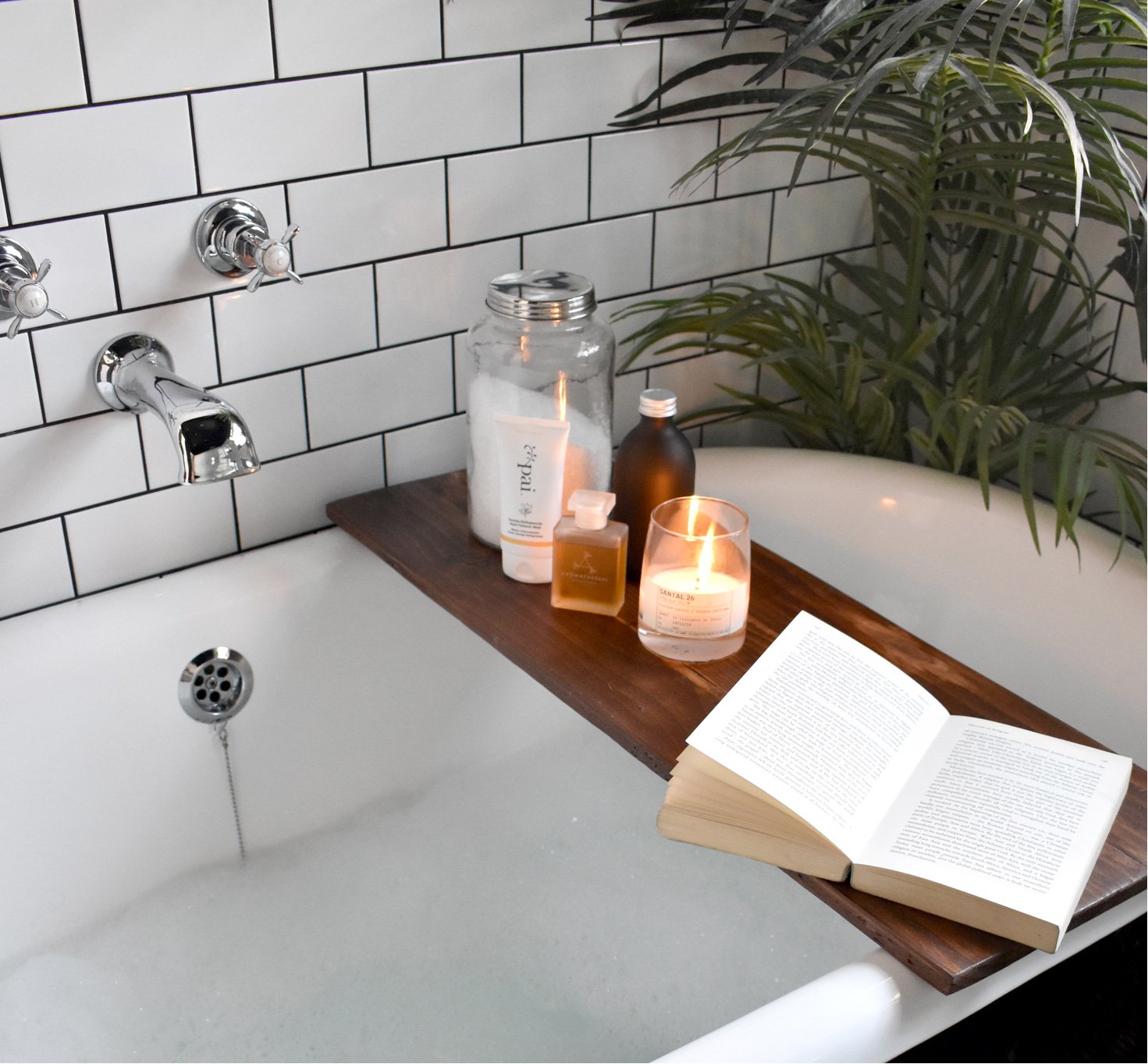 Relaxing at home with a bath, a book.