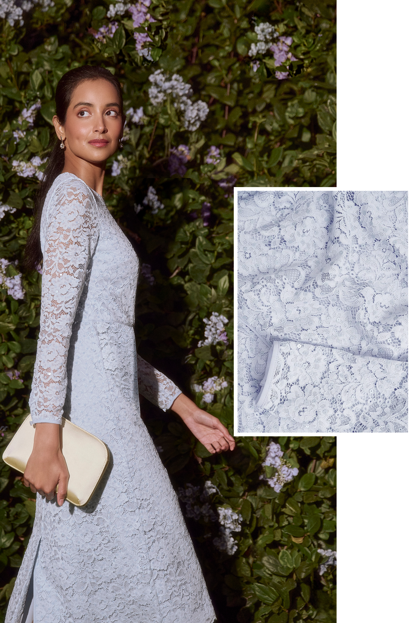 A collage of four images showcasing two occasion dresses and fabric close-ups designed by Hobbs.