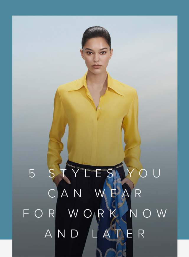 Yellow long-sleeved shirt paired with black work trousers, contrasted by a blue silk scarf draping on the waist, a stylish women’s workwear outfit by Hobbs.