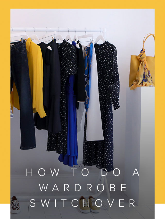 As the seasons change so does your wardrobe, a whiet clothes rail with a varity of navy blue, yellow and white clothes.