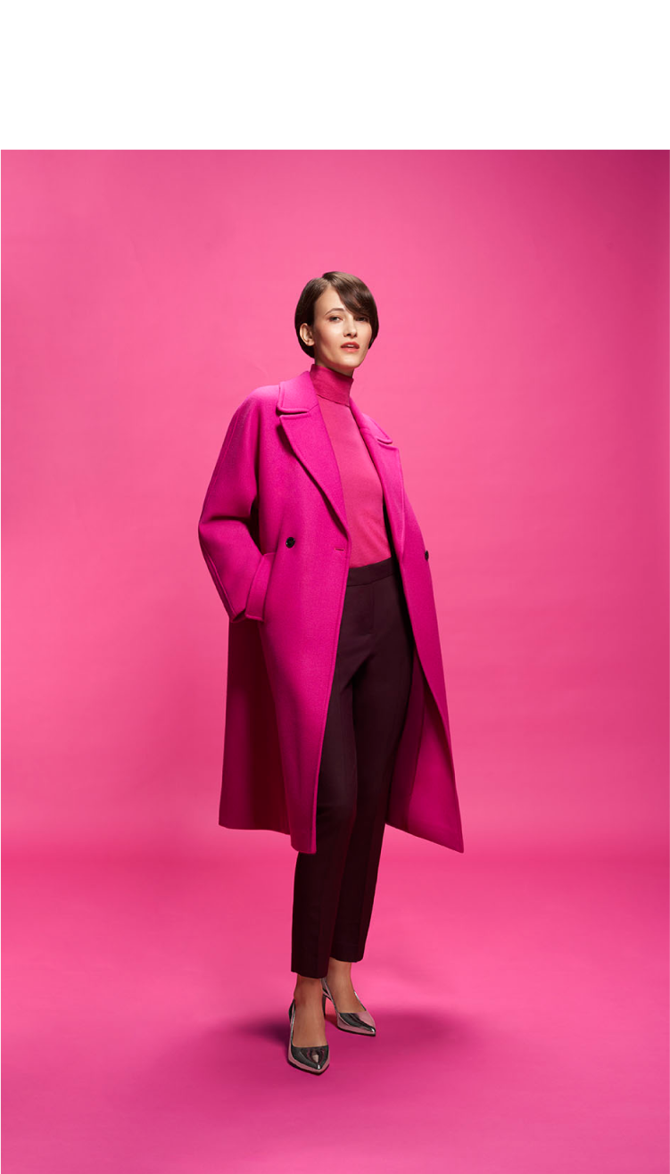 Model photographed against a pink backdrop wearing pink clothing styled in different ways.
