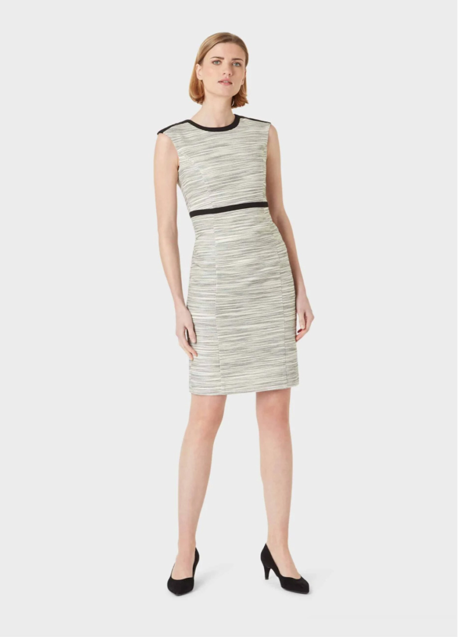 Fitted shift dress paired with black court shoes by Hobbs.