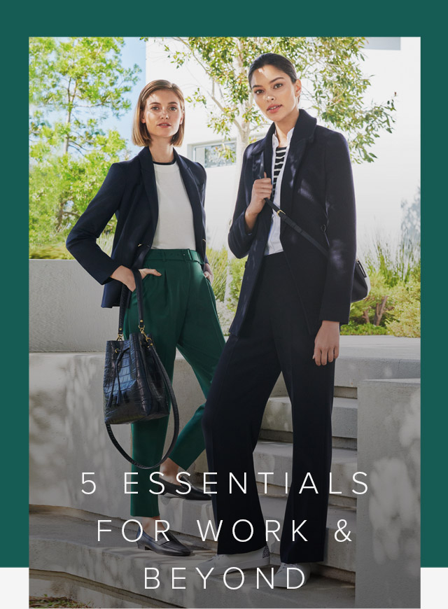 Women’s trouser suit outfits, the outfit on the left pairs the suit with a white top, green tailored trousers, black loafers and a black leather tote bag. The outfit on the right pairs the suit with a stripey top, a black crossbody bag, wide leg trousers and white trainers, all from Hobbs.