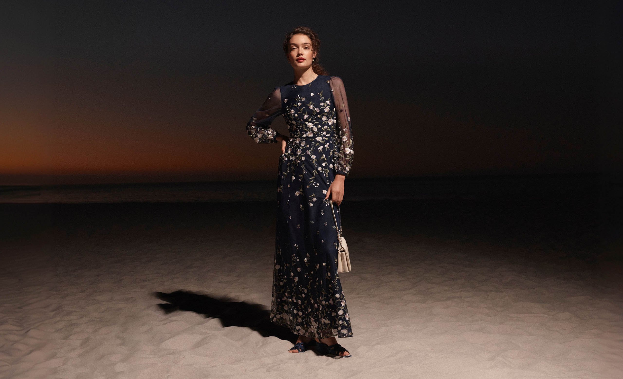 A woman wearing a Hobbs Black Tie embroidered dress.