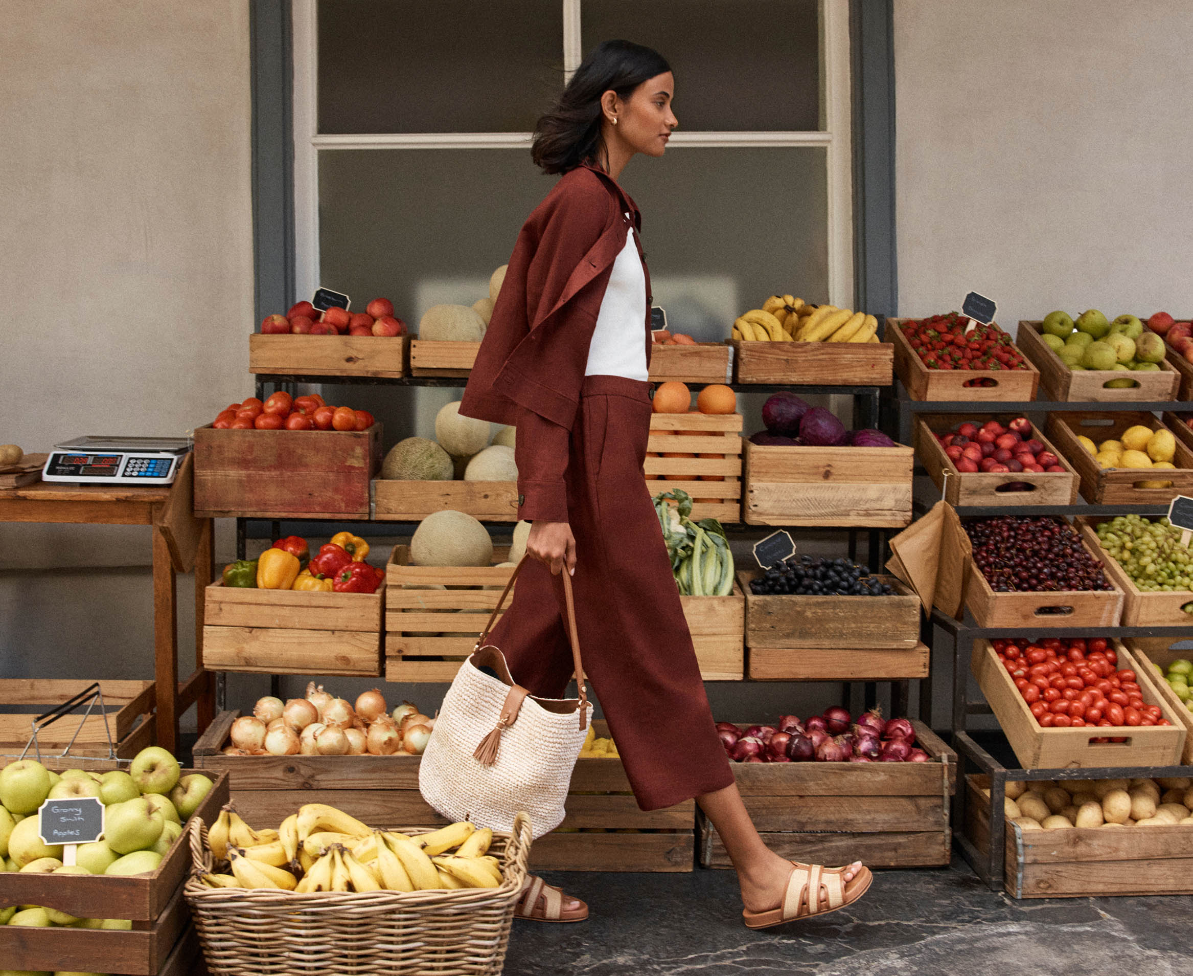 A woman wearing a Hobbs linen co-ord.